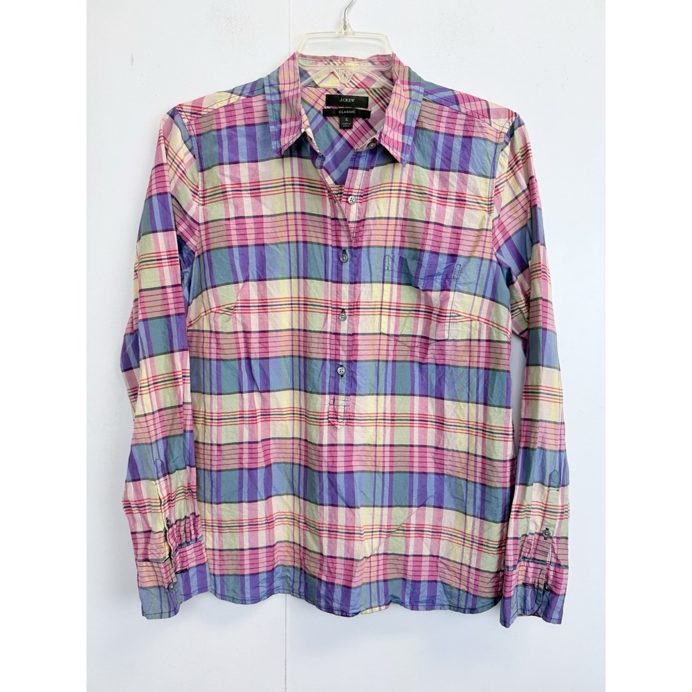 J. Crew Classic Women's S Popover Shirt Silk Cotton Long Sleeve Pink/Blue Plaid